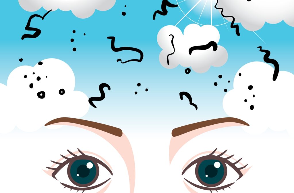 An illustration of eyes at the bottom looking upwards at a cloudy blue sky with black lines all over symbolizing eye floaters