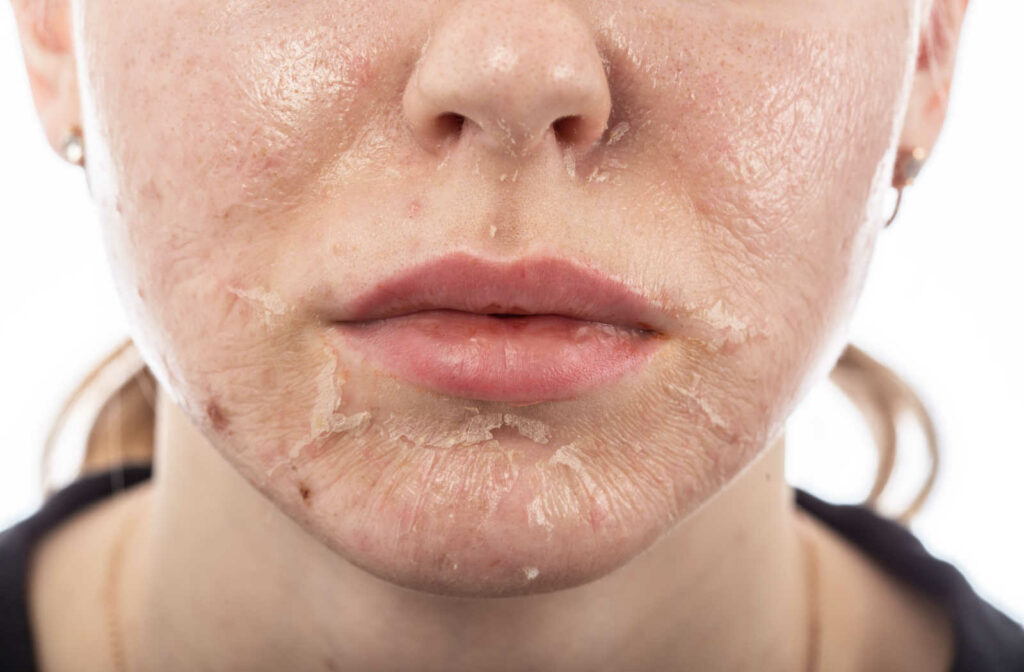 A close-up of a young female face with her skin started to peel after chemical peeling treatment.