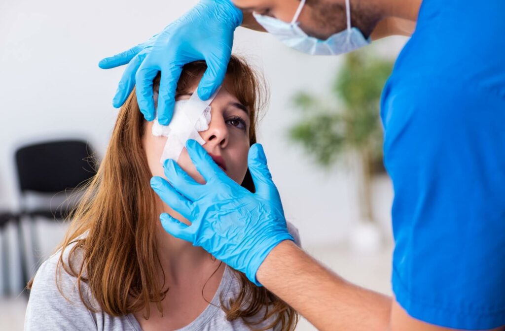 A person with an eye emergency is bring treated by a health care professional.