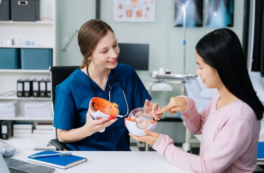 An optometrist uses a visual model of the eye to explain how eye diseases impact ocular health and vision to their patient.