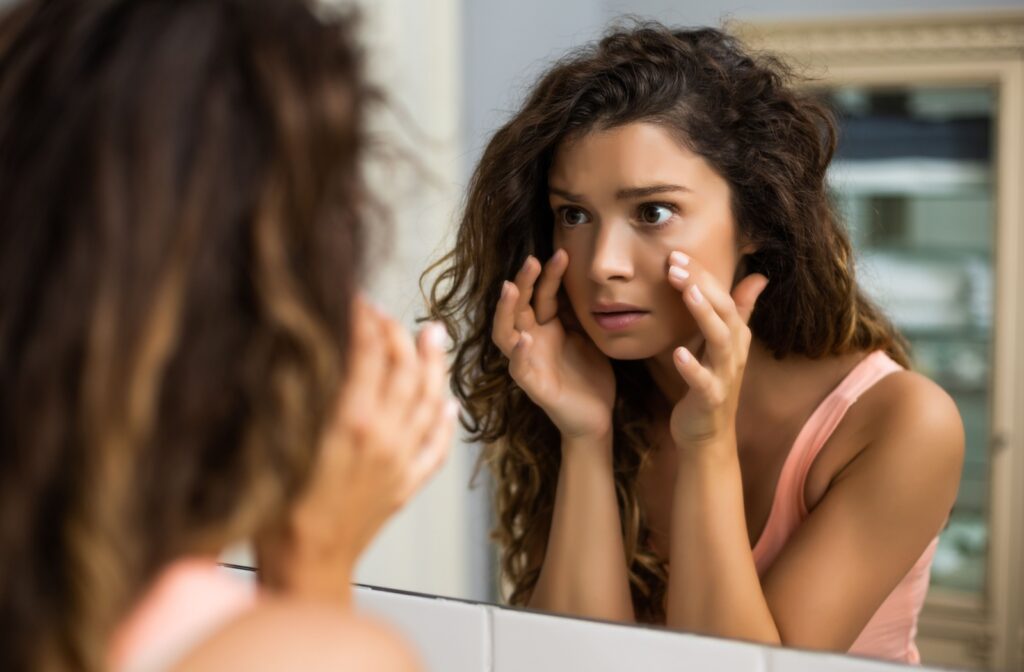 A person looks at their eyes in a bathroom mirror after waking up with dry, irritated eyes in the morning.
