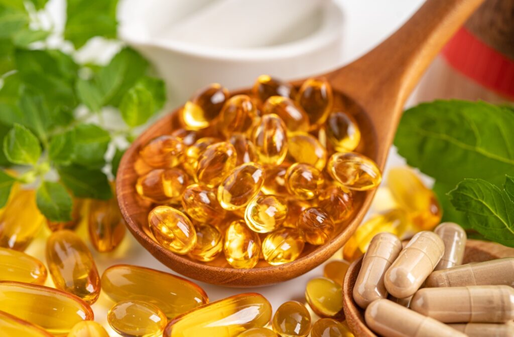 A close up of a spoon holding multiple omega-3 supplements