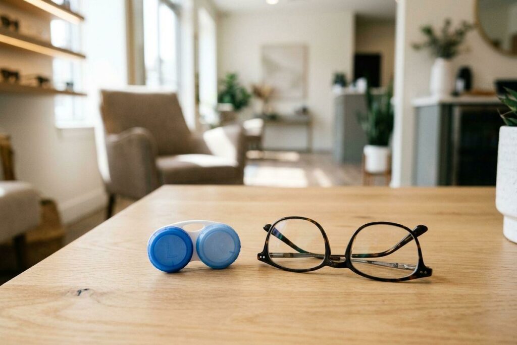 a pair of contact lens and glasses on a table