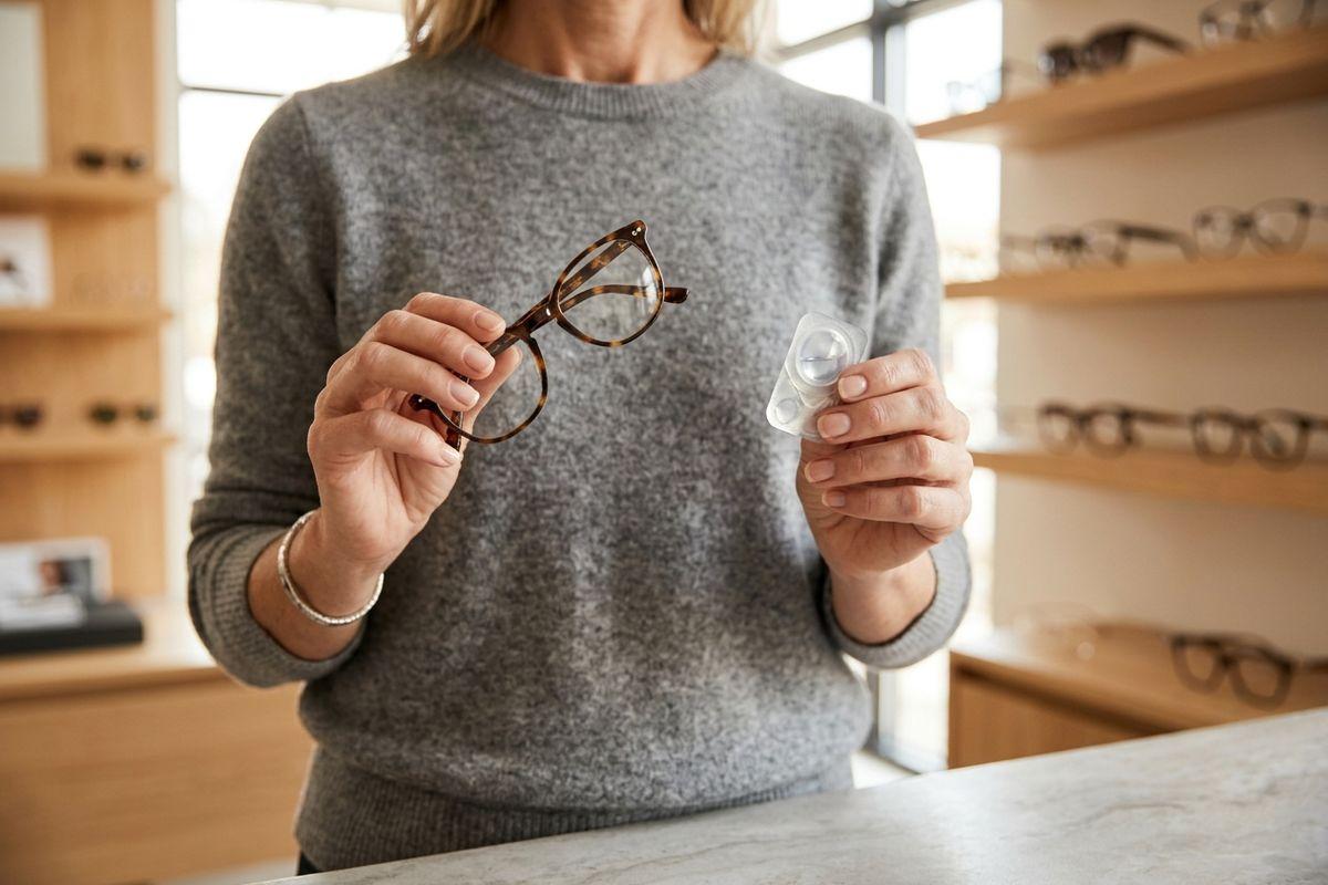 a person holding a pair of glasses and a contact lens
