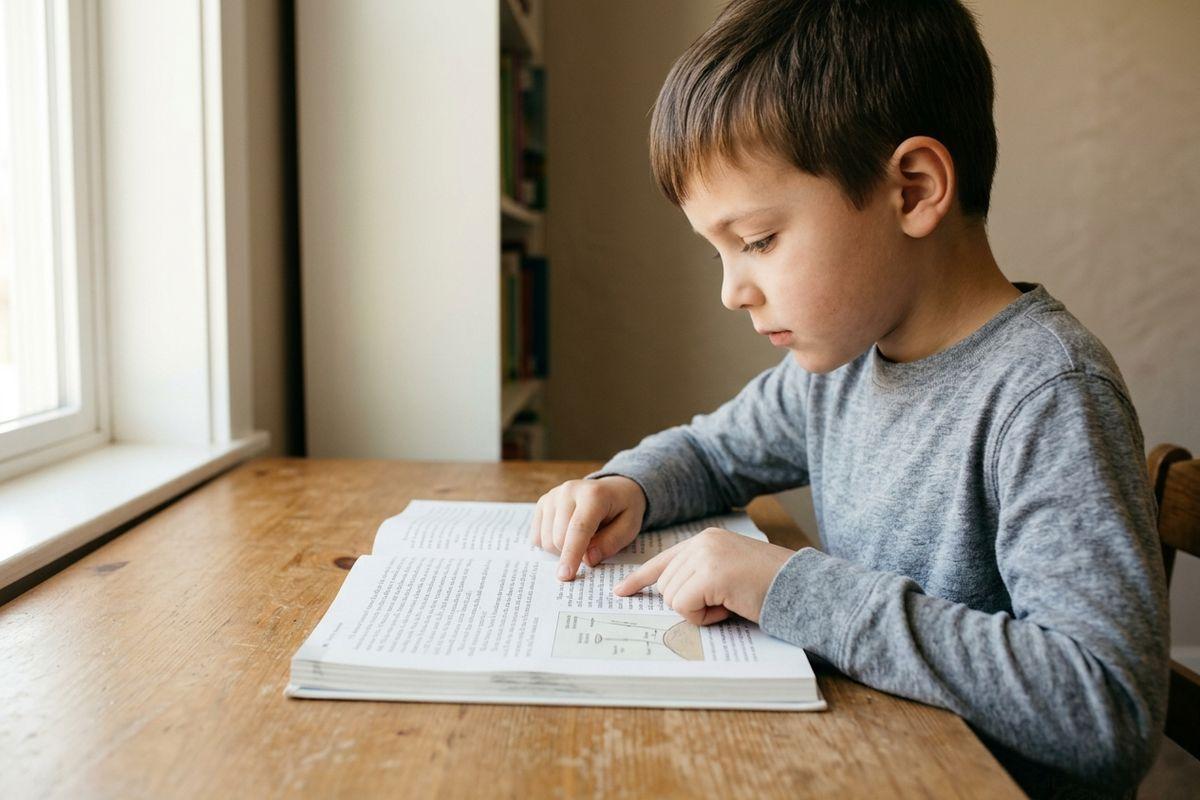 Child reading a book at a wooden table by a window, pointing at the text with focused expression.