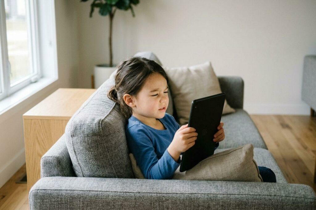Child sitting on a gray sofa, holding a tablet with a focused expression.