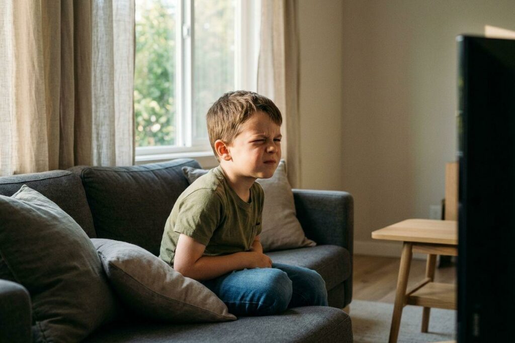Child squinting on a gray sofa, facing a television at close range in a living room.