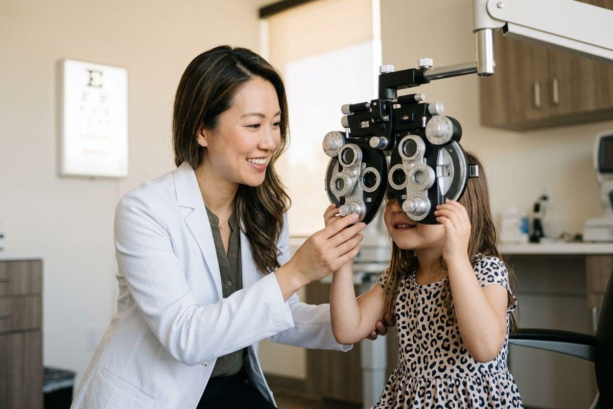 Optometrist smiling while a child looks through a phoropter during an eye exam.