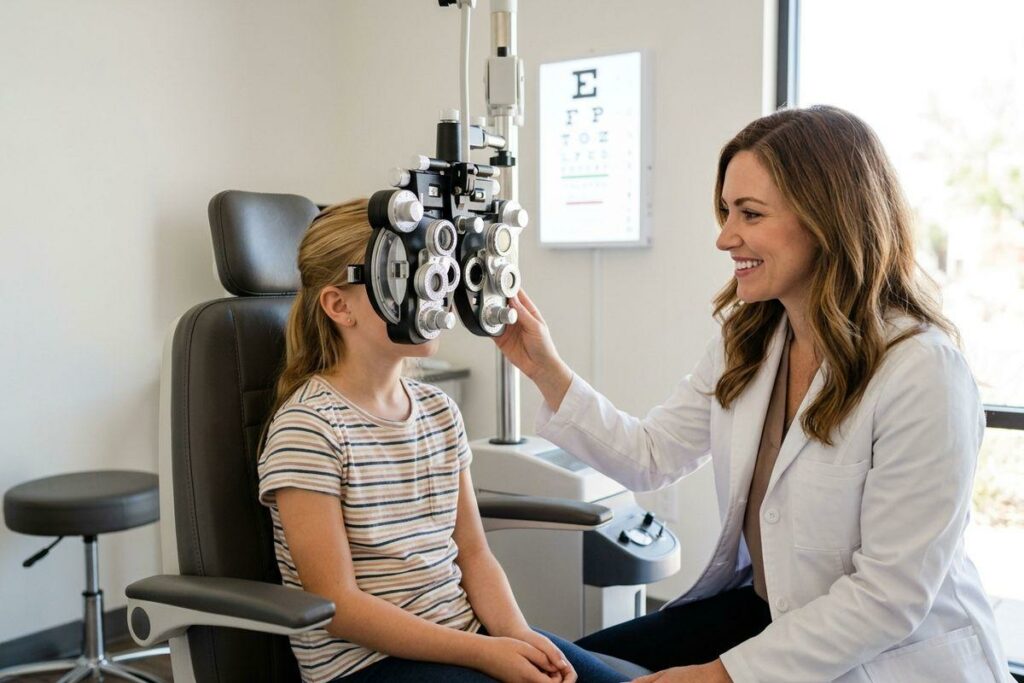 An optometrist doing an eye exam for a child with an astigmatism