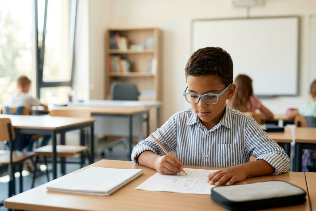 Child in glasses writing on a worksheet at a classroom desk, focused, with other students in the background.