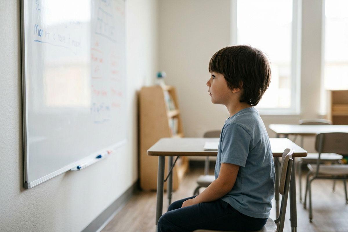 Child sitting at a desk in a classroom, looking toward a whiteboard on the wall.