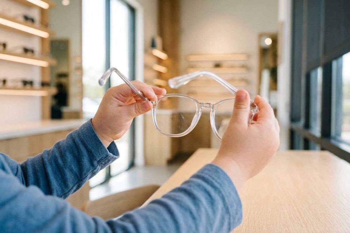 Person holding clear-framed eyeglasses with both hands in an eyewear shop with displays in the background.