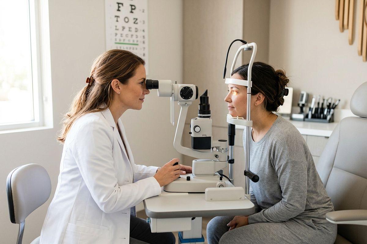 An optometrist uses a slit lamp to perform an eye exam.