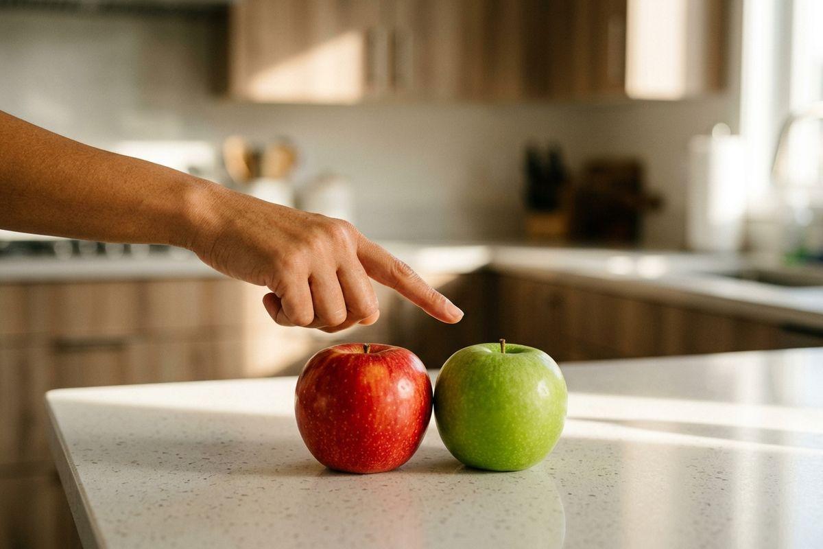 Hand pointing at a red apple and a green apple on a kitchen countertop.