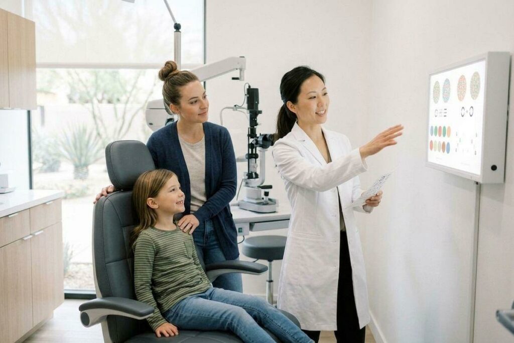 Optometrist points to eye chart on screen as smiling child sits in exam chair with an adult beside them.