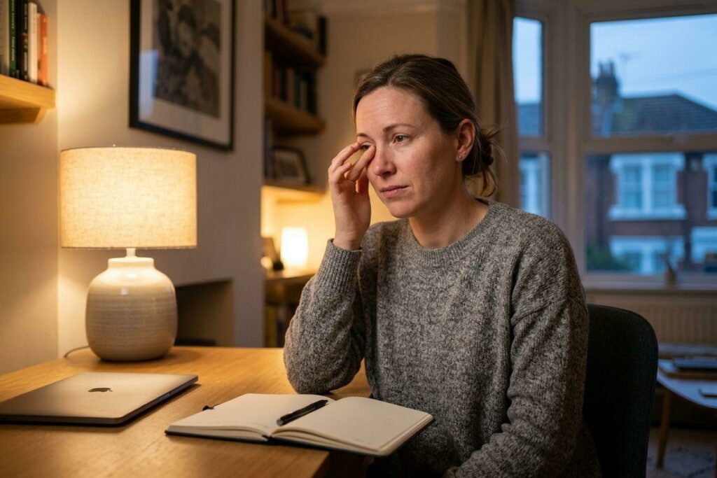 Person in gray sweater rubbing a twitching eyelid at a desk, looking tired near a window.