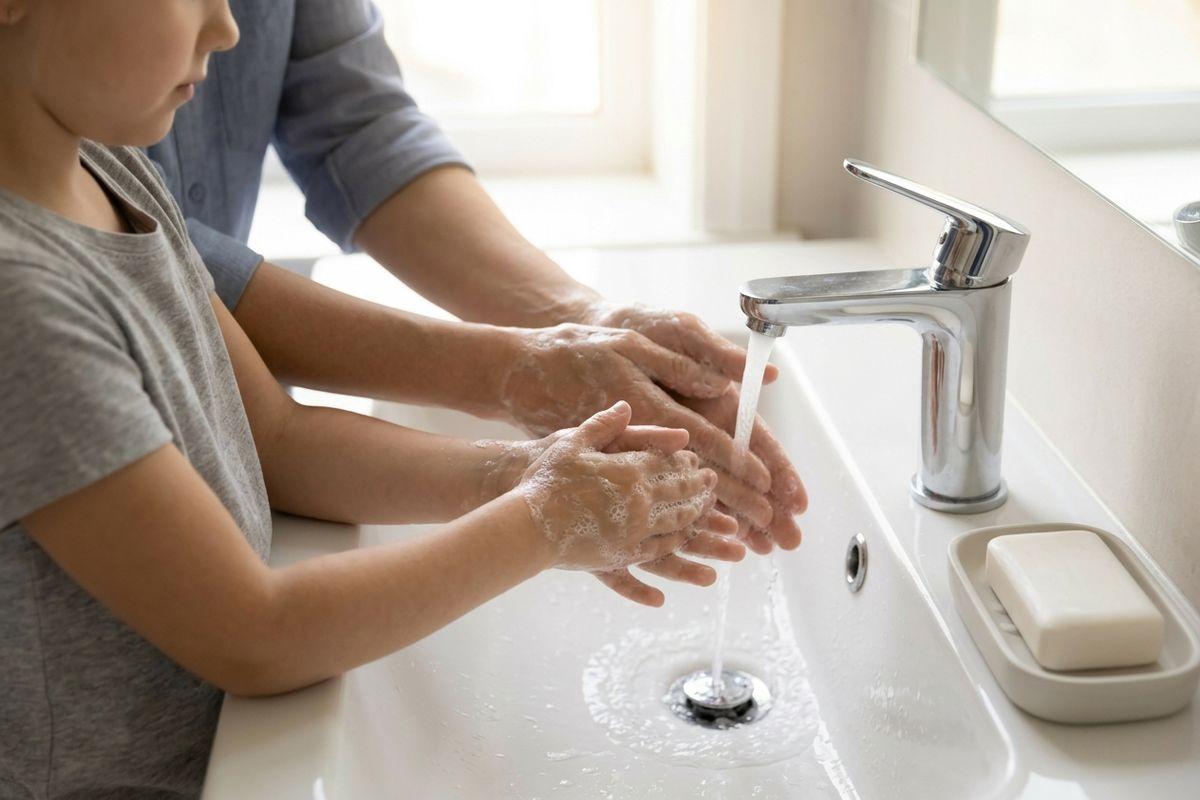 A child and adult washing soapy hands together under a running faucet at a white bathroom sink, with a bar of soap in a dish beside it.