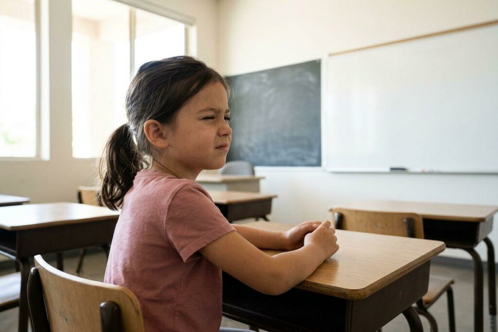 A child in a pink T-shirt sits at a desk in an empty classroom, squinting toward a chalkboard and whiteboard at the front.