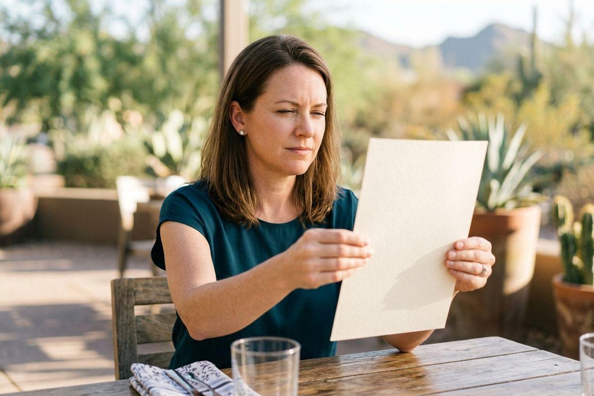 An adult squinting while holding a sheet of paper at arm's length at a wooden table on an outdoor patio with potted cacti and desert plants