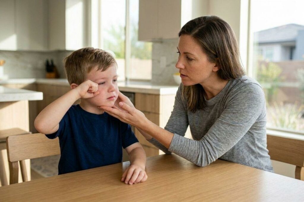 Child rubbing one eye at a kitchen table while an adult gently holds the child's chin, looking at the child with a concerned expression.